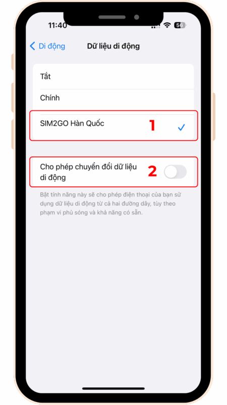 Cài đặt eSIM trên iPhone - chọn eSIM trong Dữ liệu di động