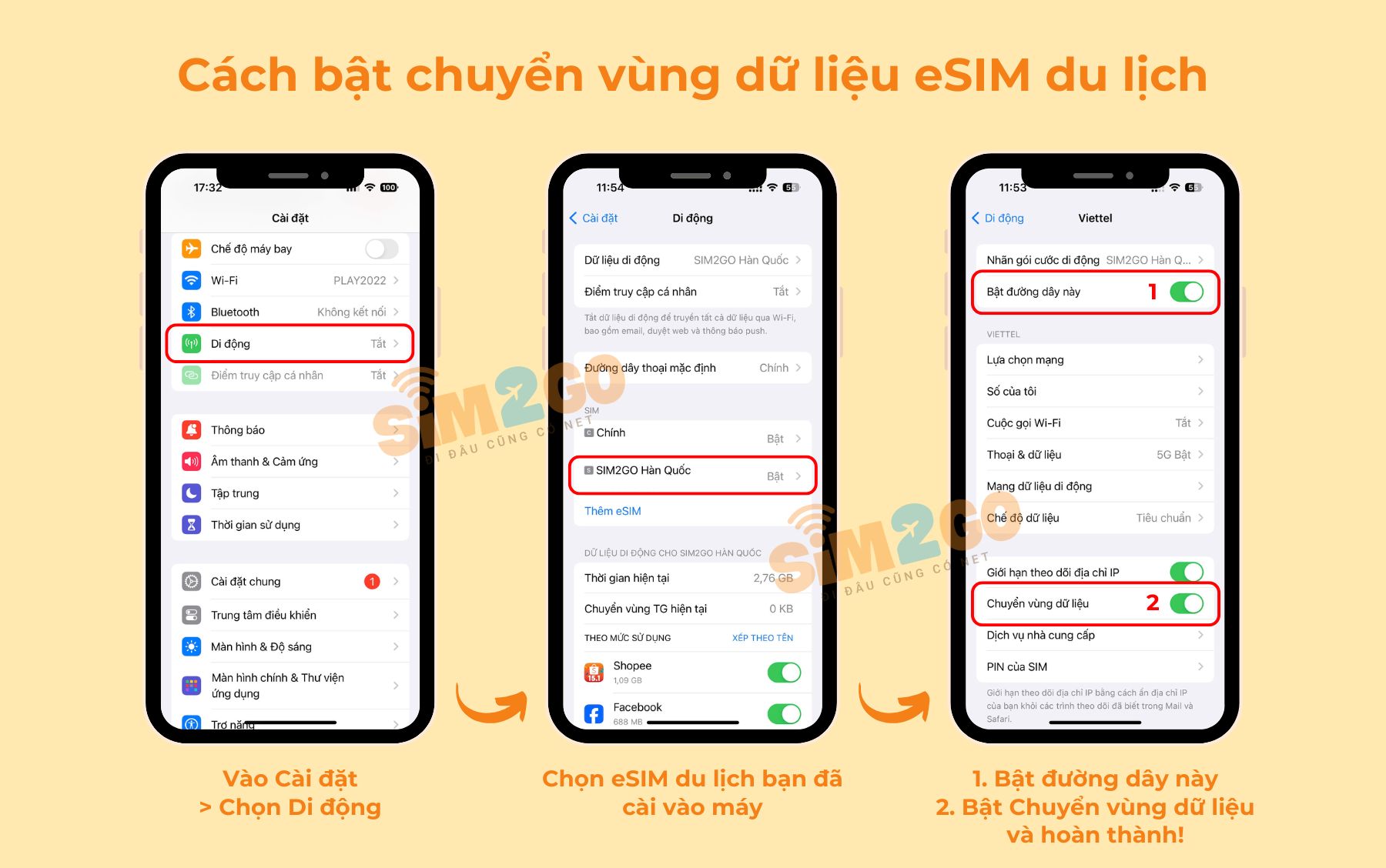 Cách bật chuyển vùng dữ liệu eSIM du lịch