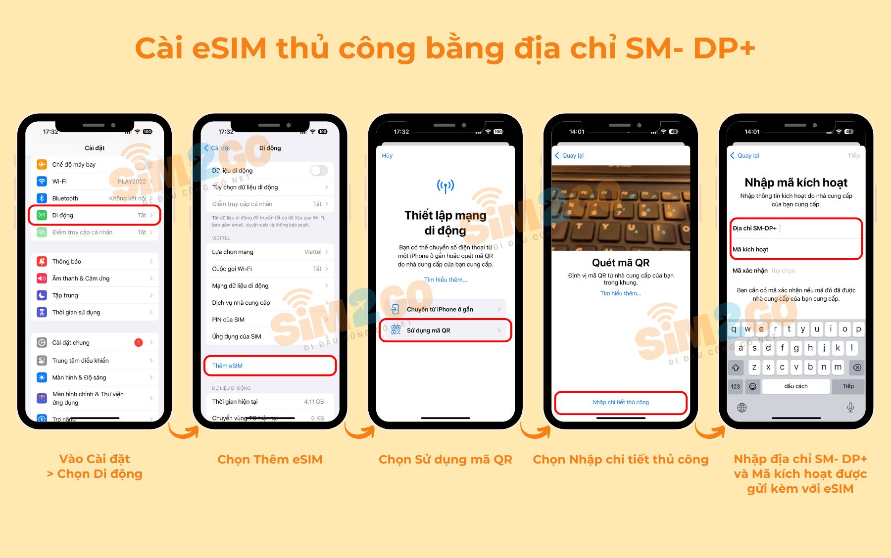 Cách cài eSIM trên iPhone thủ công bằng địa chỉ SM- DP+