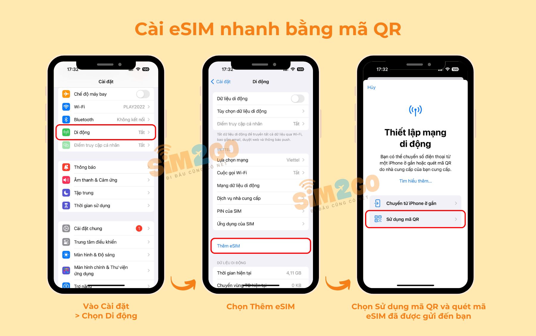 Cách cài eSIM trên iPhone bằng mã QR