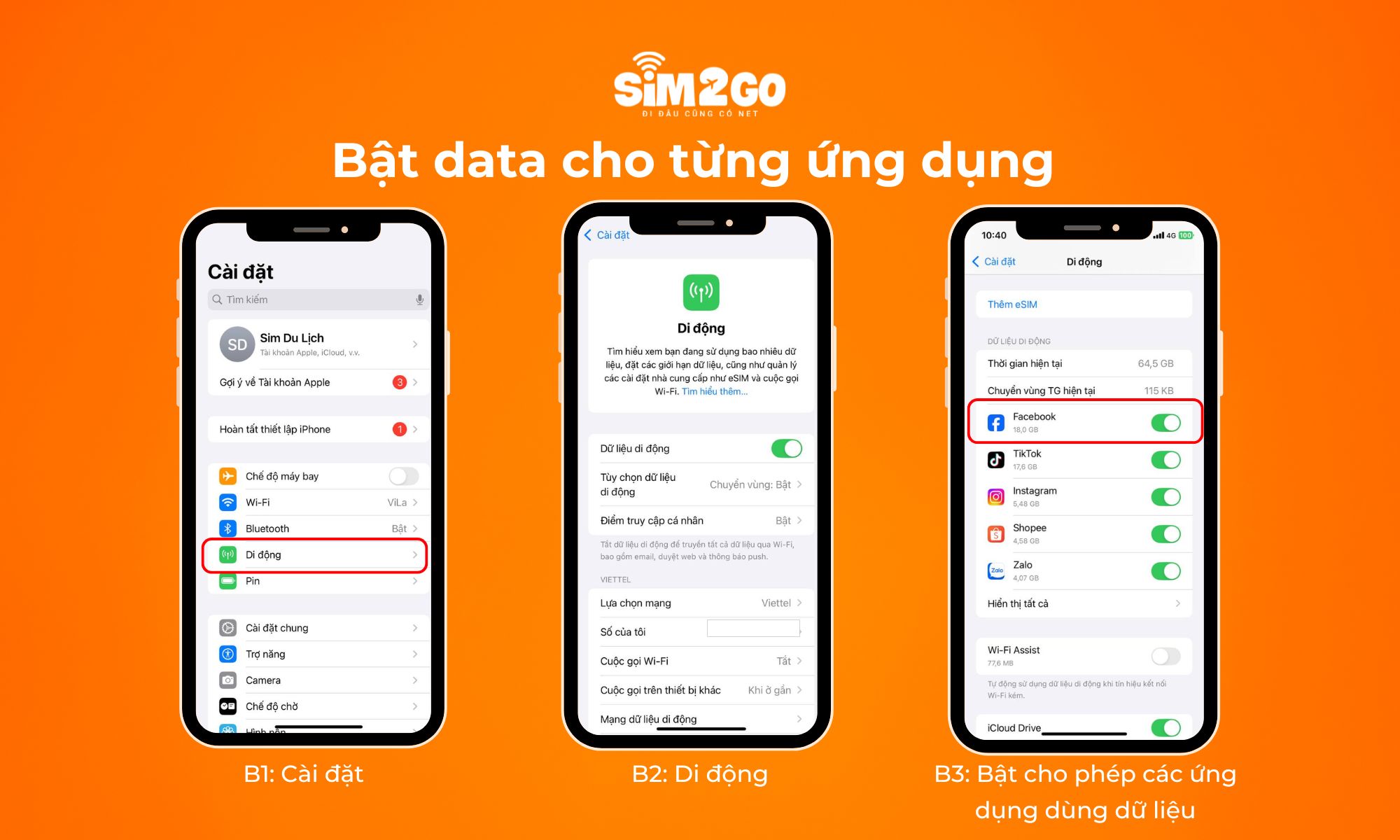 Bật data cho từng ứng dụng 