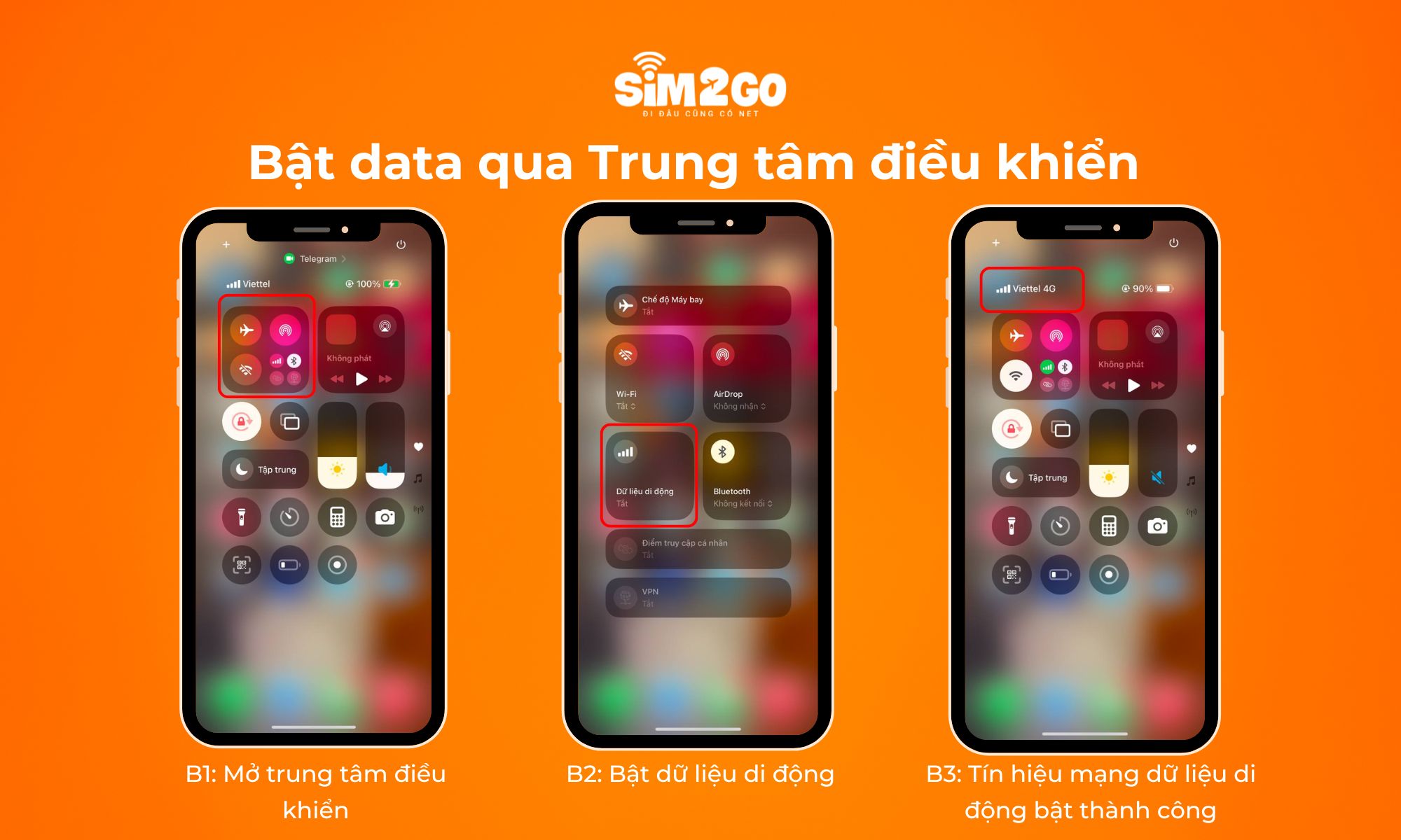 Hướng dẫn bật data qua Trung tâm điều khiển 