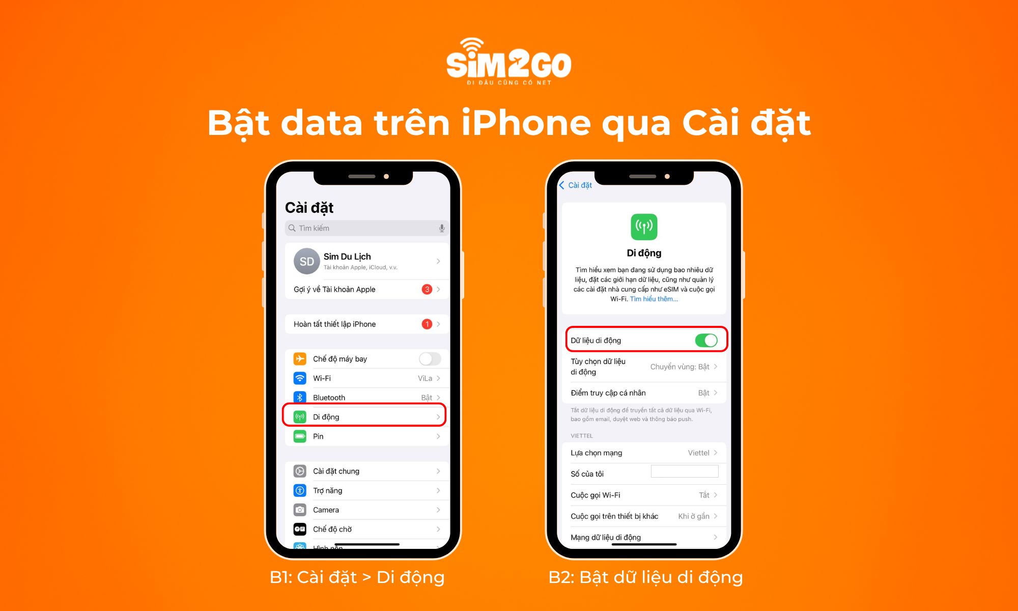 Hướng dẫn bật data trên iPhone qua Cài đặt