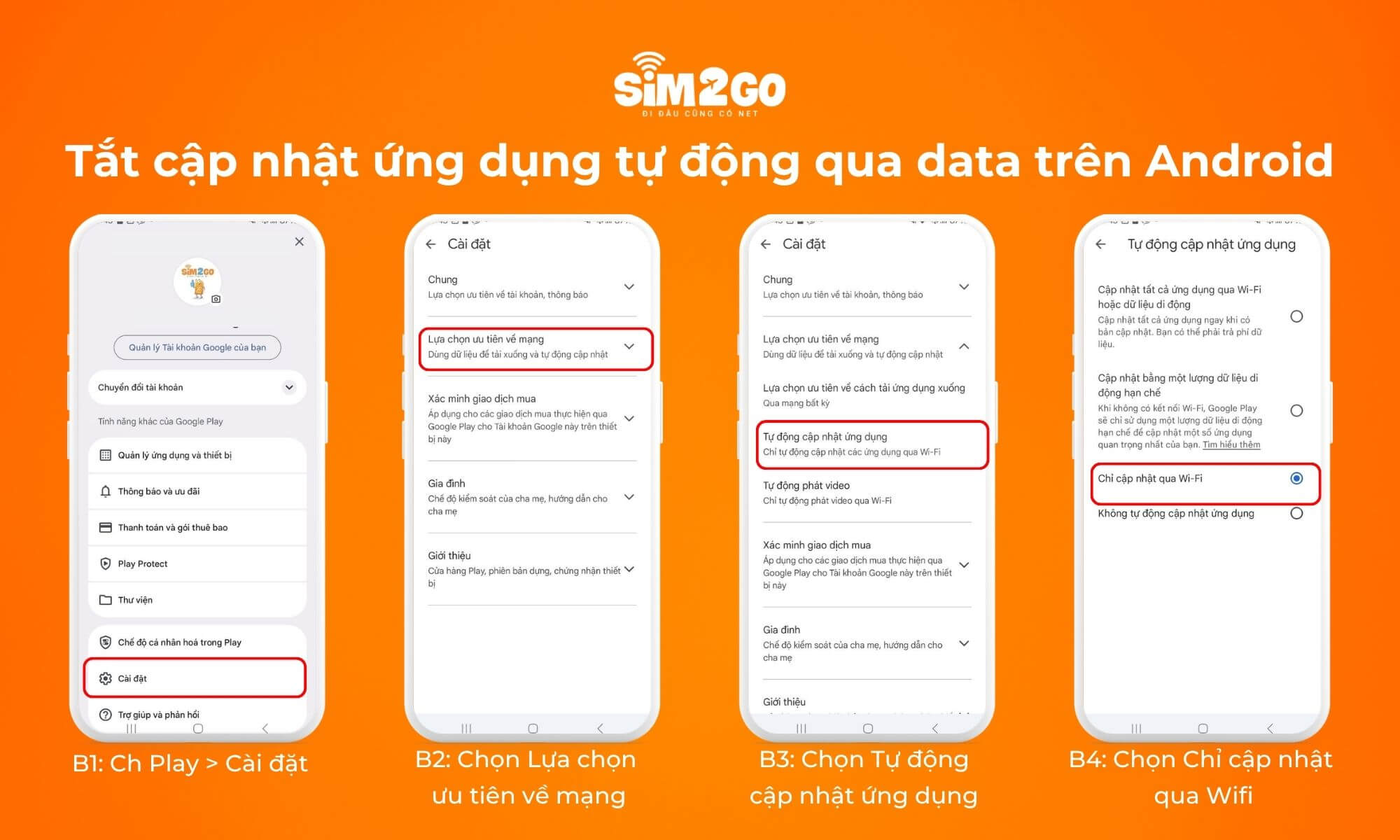 Các bước để tắt cập nhật ứng dụng tự động qua data trên Android