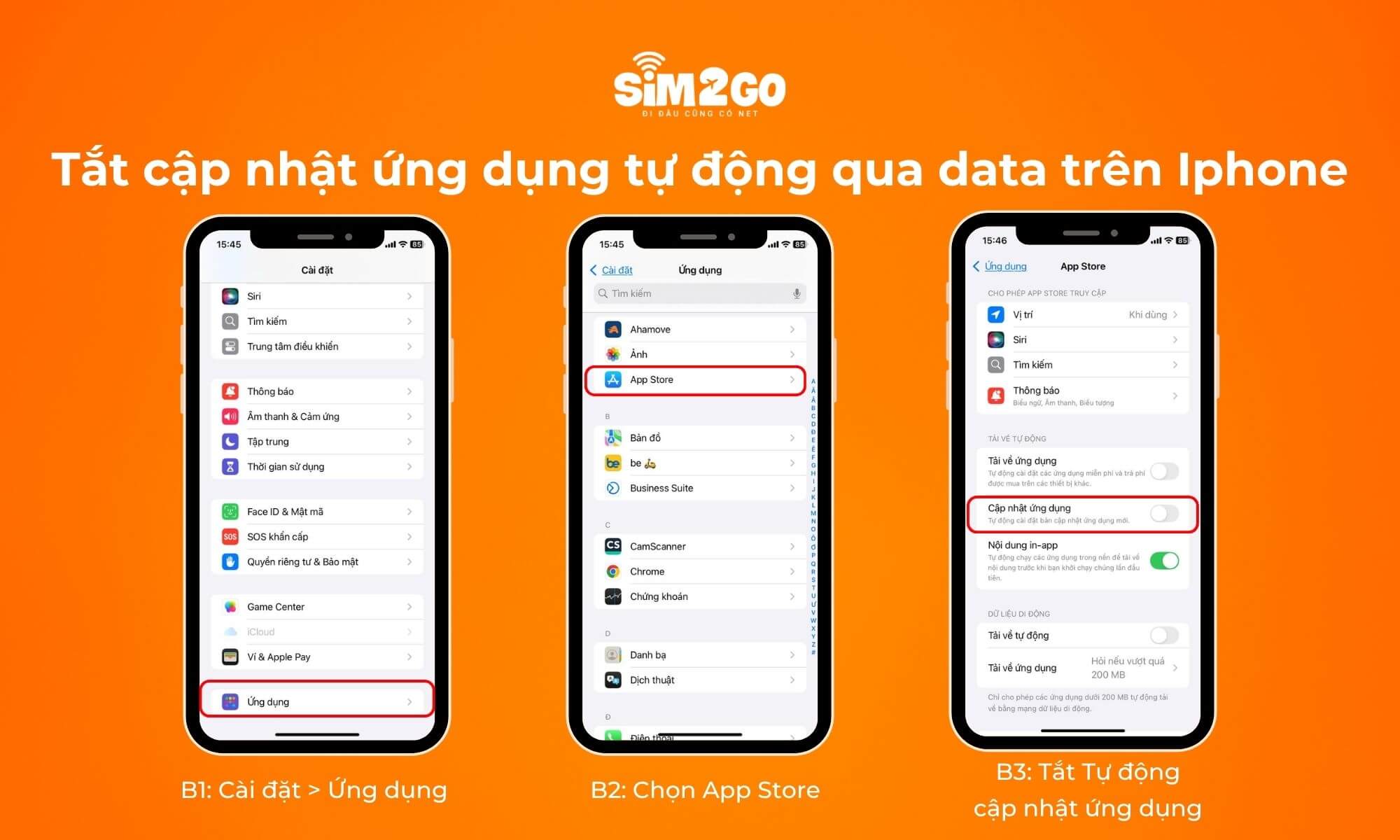 Các bước để tắt cập nhật ứng dụng tự động qua data trên iPhone