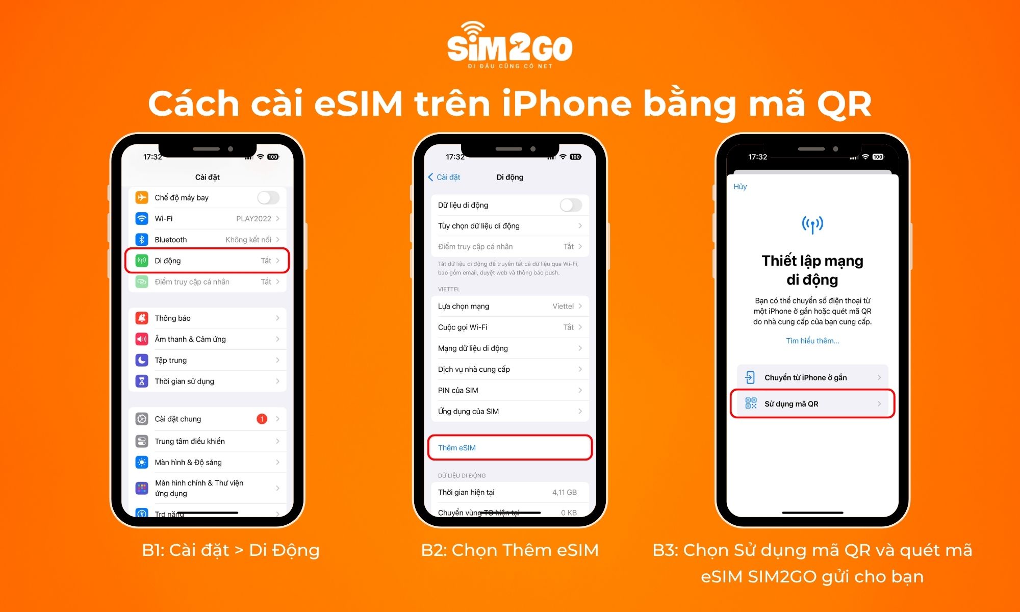 3 bước cài eSIM trên iPhone bằng mã QR