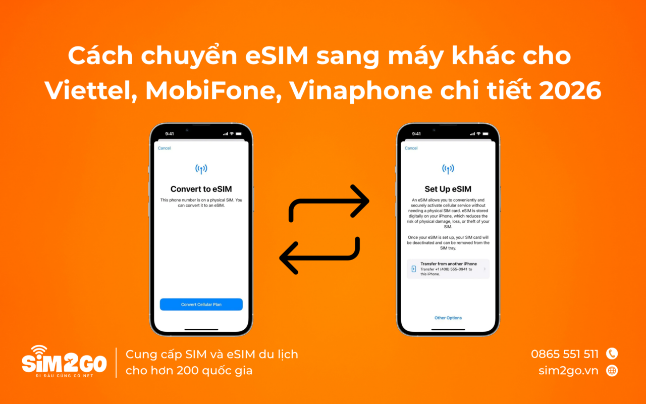 Cách chuyển eSIM sang máy khác cho Viettel, MobiFone, Vinaphone chi tiết 2026