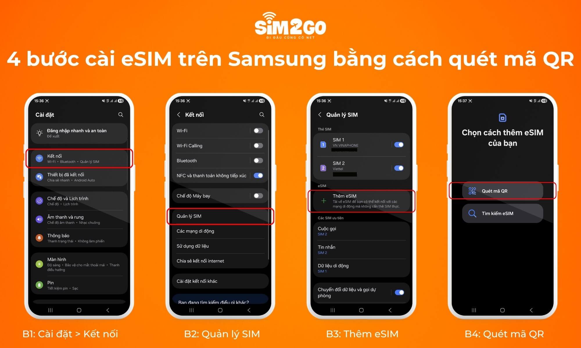 4 bước cài eSIM trên Samsung bằng cách quét mã QR