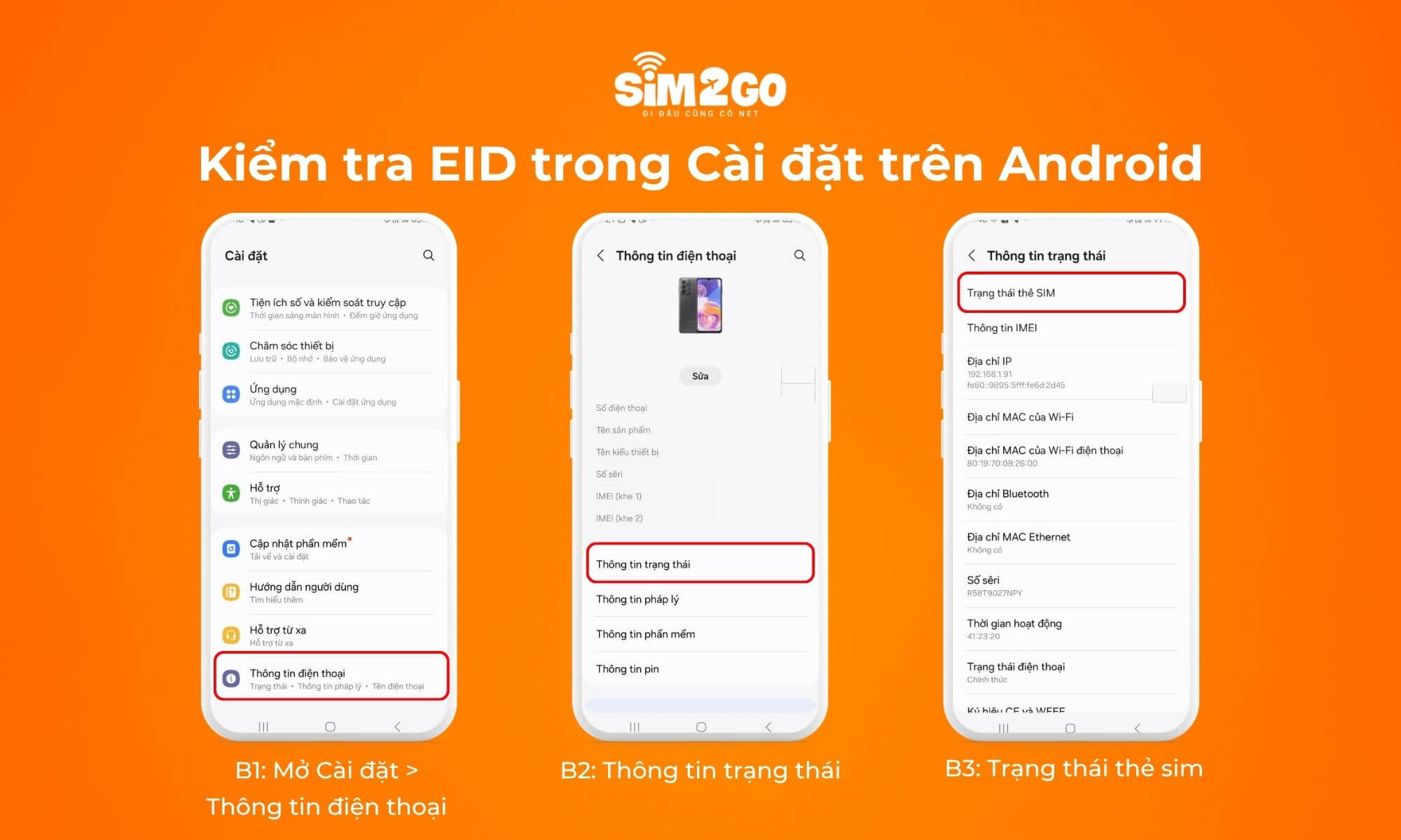 Các bước kiểm tra EID trong Cài đặt trên Android