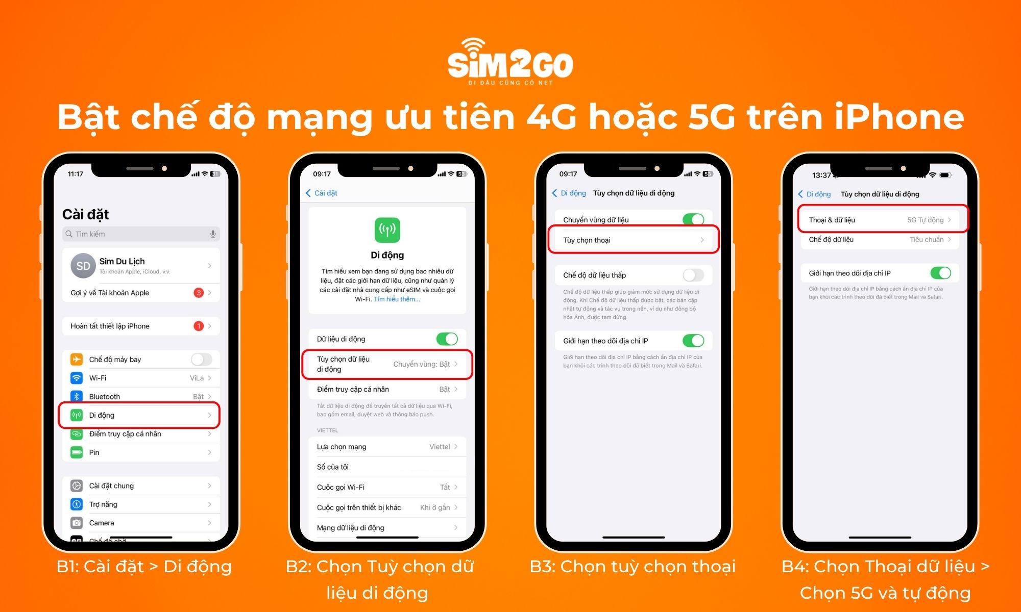 Cách bật đúng chế độ mạng ưu tiên 4G hoặc 5G trong Cài đặt trên iPhone