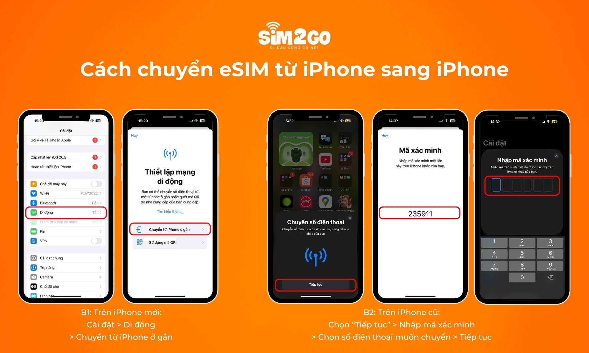 Cách chuyển eSIM từ iPhone sang iPhone bằng tính năng Chuyển đổi nhanh (eSIM Quick Transfer)