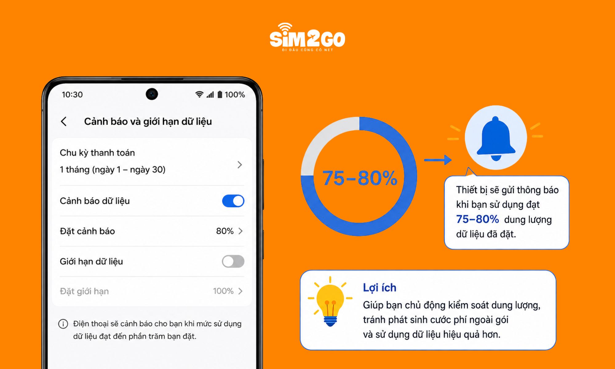 Đặt cảnh báo dữ liệu khoảng 75–80% để theo dõi dung lượng hợp lý