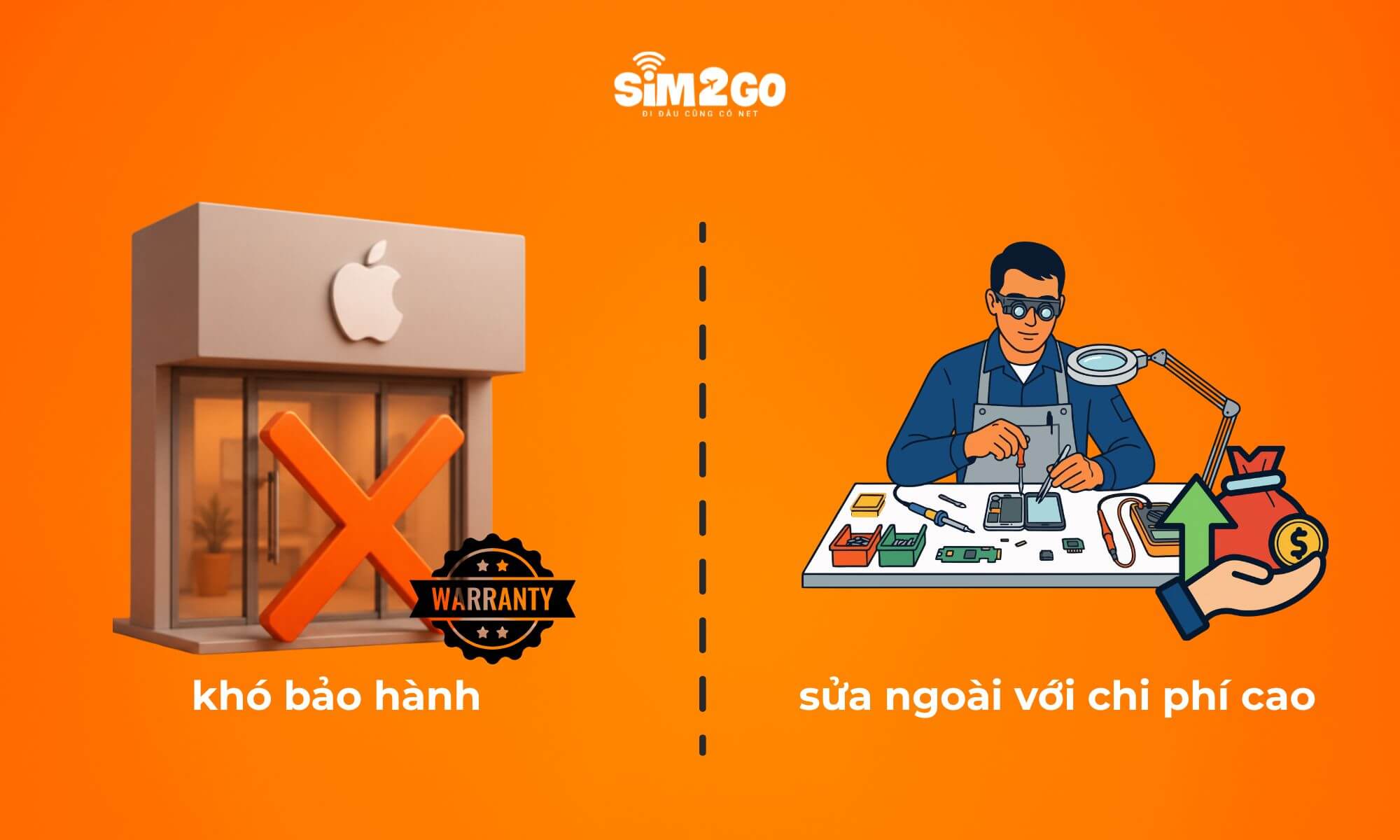 iPhone lock CNC khó bảo hành và thường phải sửa ngoài với chi phí cao hơn