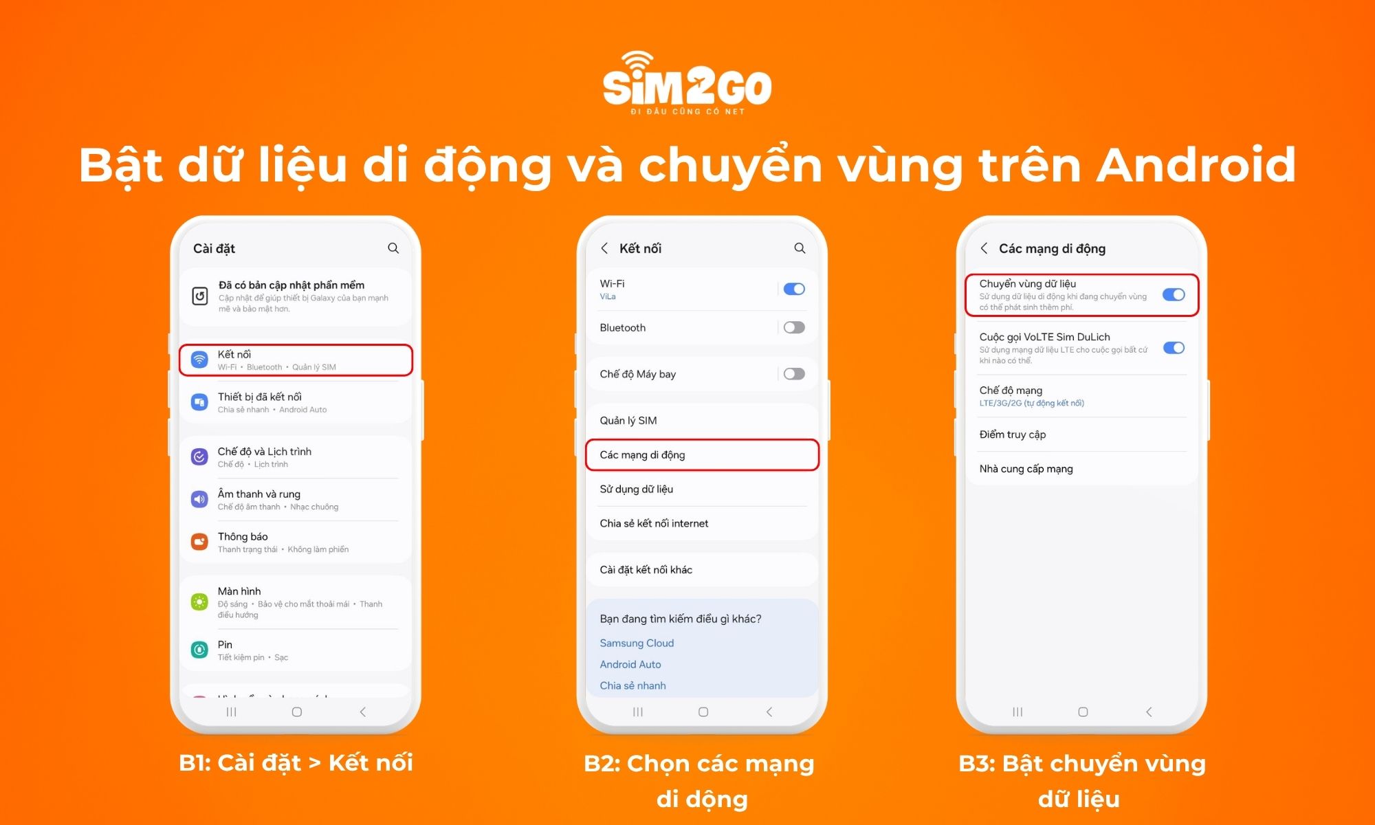 Các bước bật dữ liệu di động và chuyển vùng dữ liệu trên Android