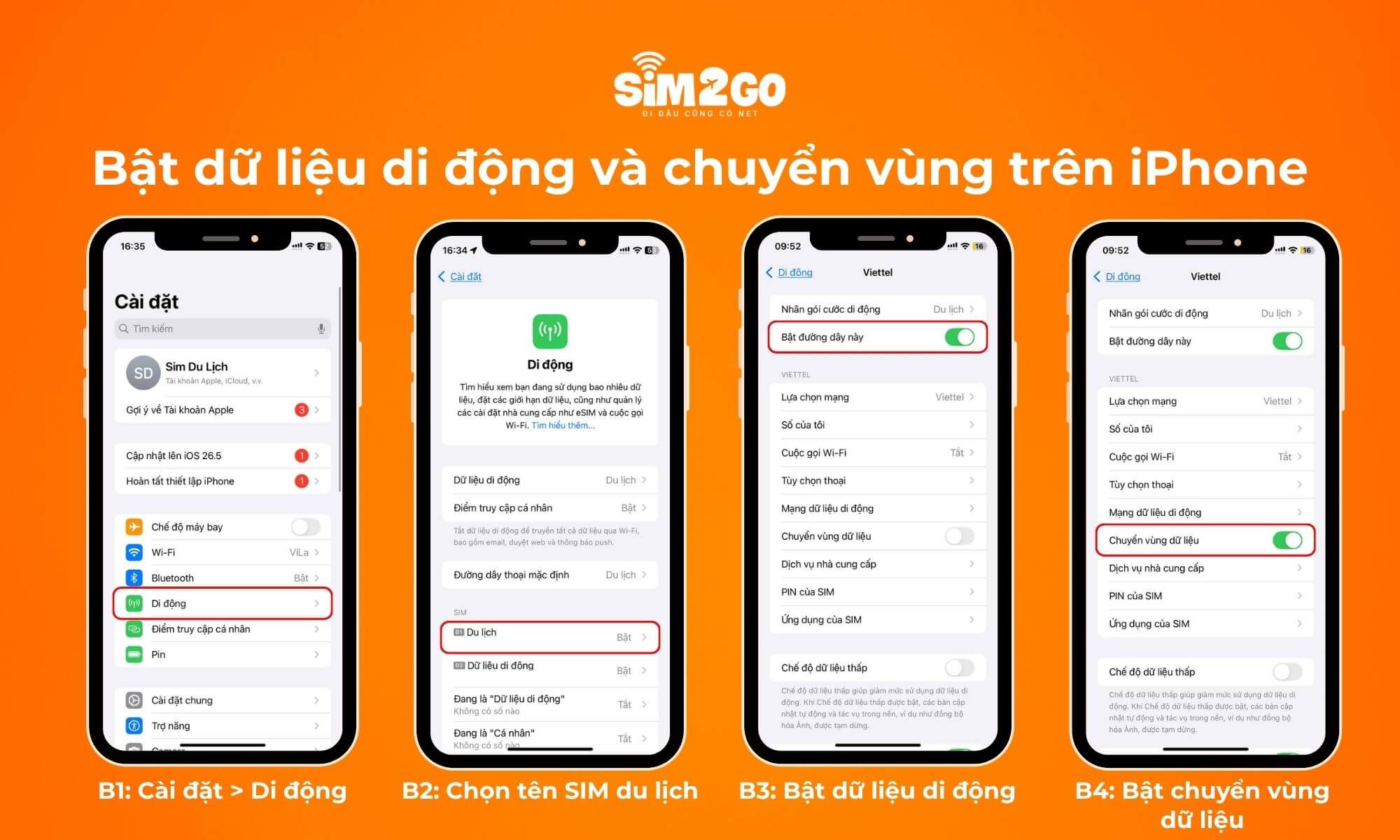 Các bước bật dữ liệu di động và chuyển vùng dữ liệu trên iPhone