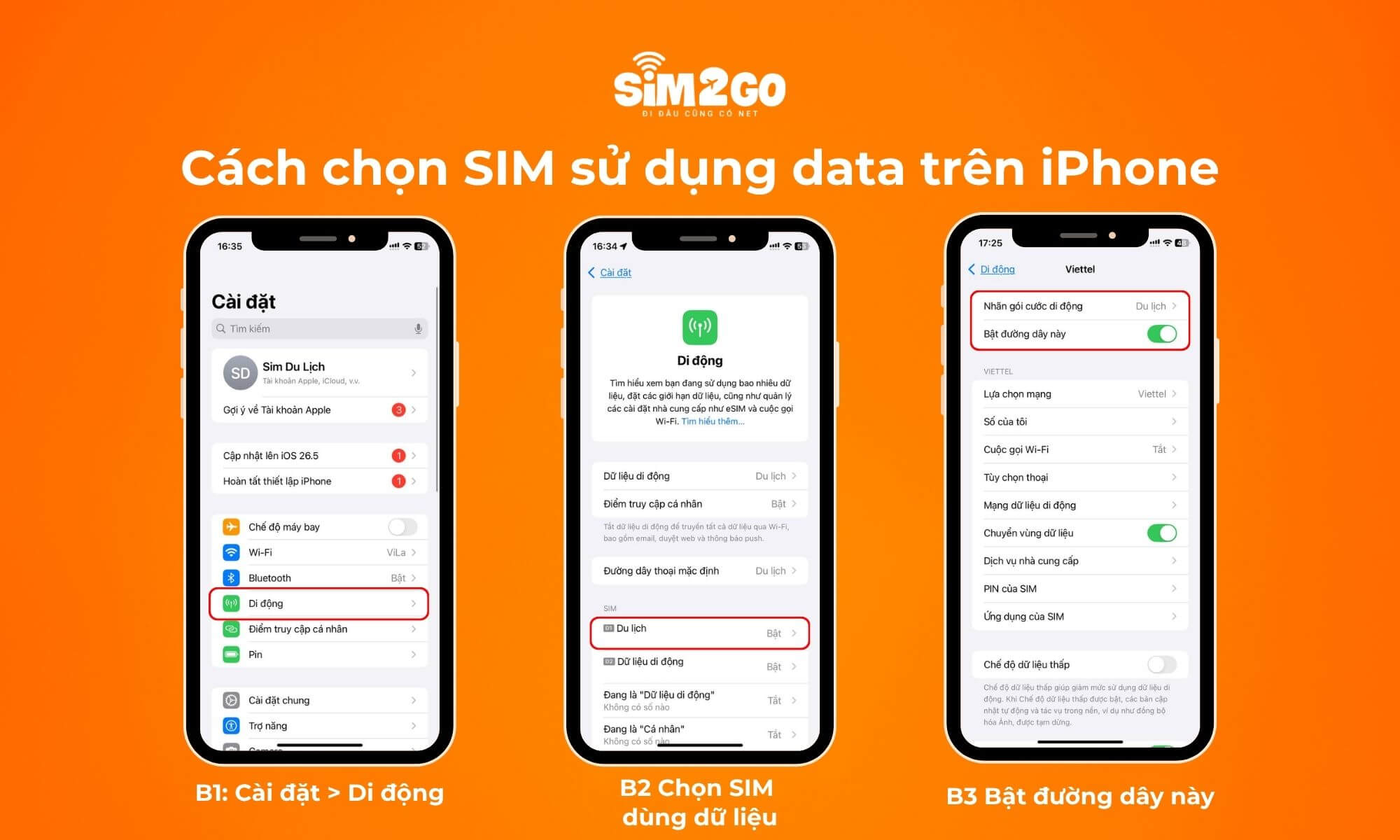 Các bước chọn SIM du lịch làm SIM sử dụng data trên iPhone