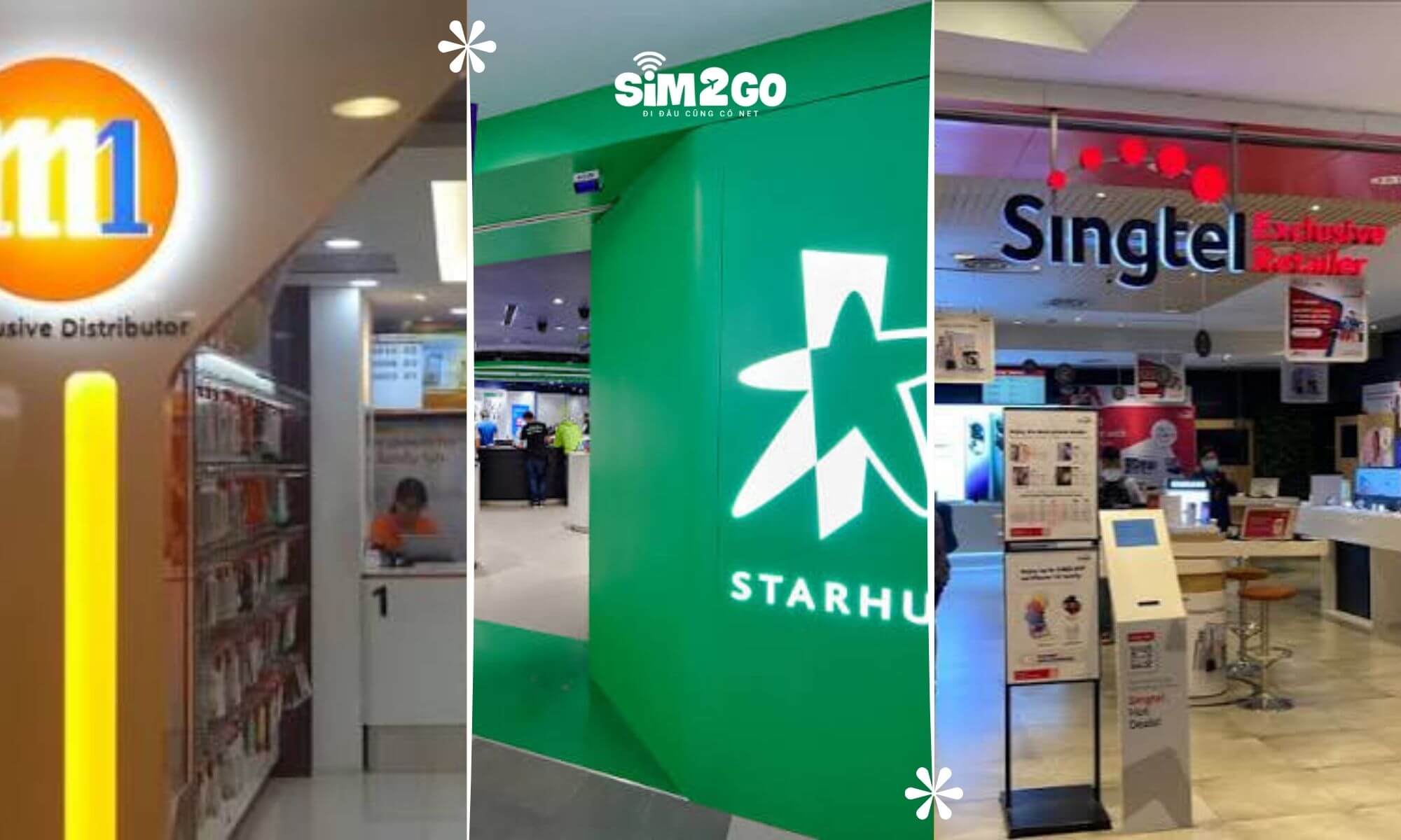 Các cửa hàng Singtel, StarHub và M1 có mặt tại nhiều trung tâm thương mại ở Singapore
