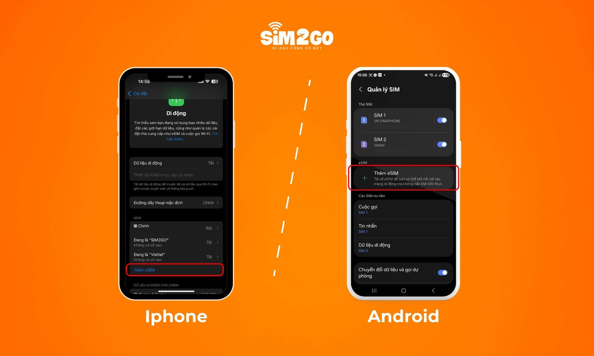 Hình ảnh so sánh cách bật chế độ dữ liệu di động trên iPhone và Android để sử dụng mạng internet mọi nơi.