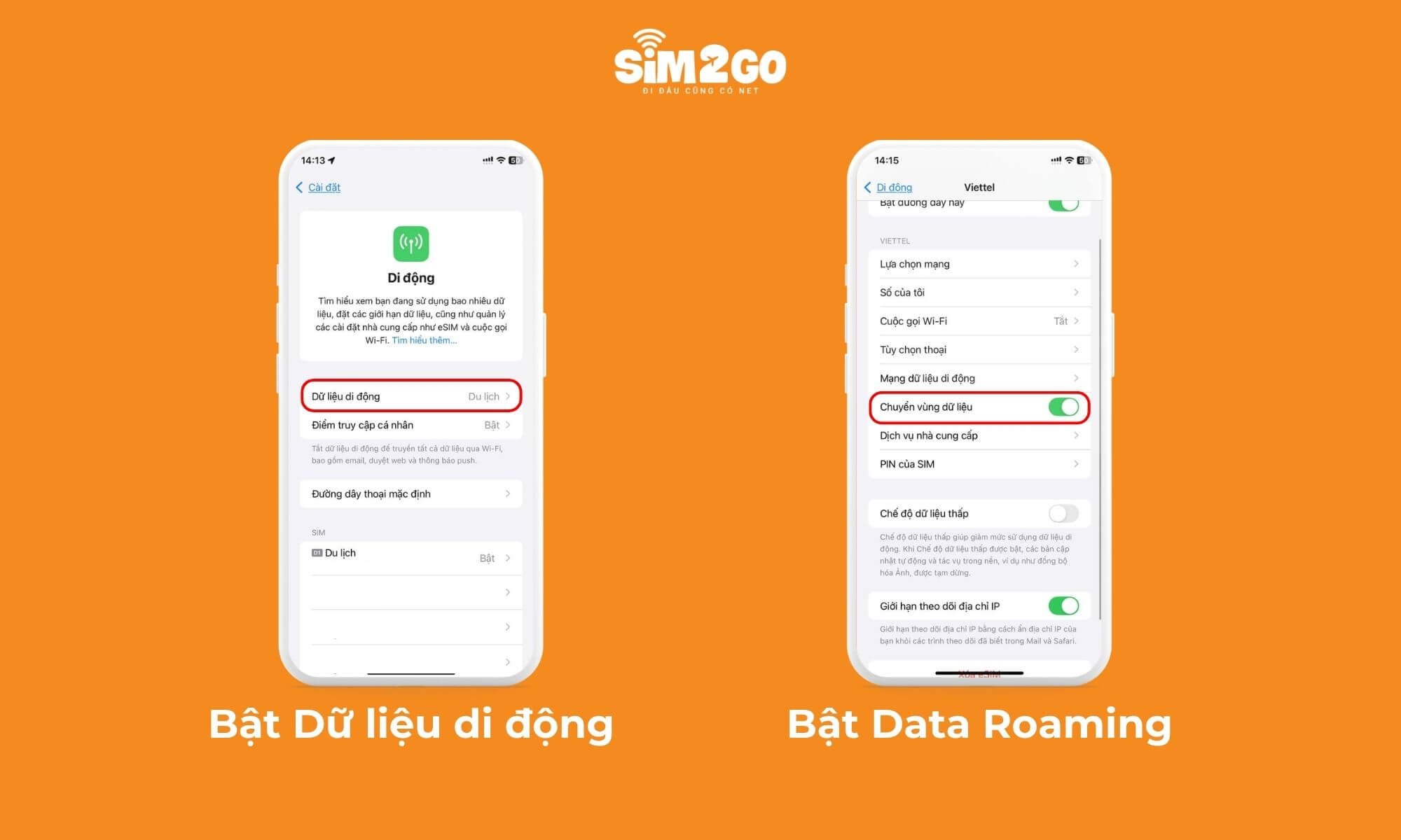 Bật Dữ liệu di động và Data Roaming là hai bước quan trọng để sử dụng được SIM Hong Kong